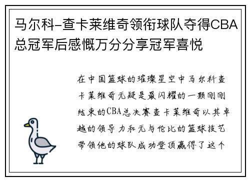 马尔科-查卡莱维奇领衔球队夺得CBA总冠军后感慨万分分享冠军喜悦