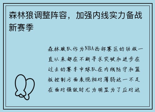 森林狼调整阵容，加强内线实力备战新赛季